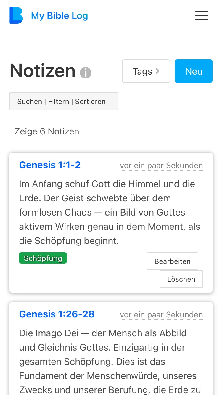 Der My Bible Log Notizen-Bildschirm zeigt mehrere Merkverse