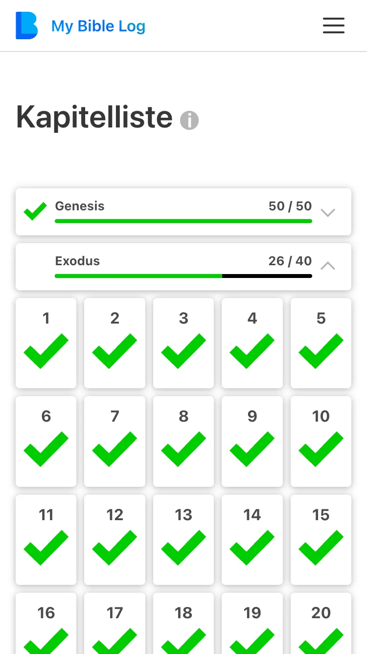 Die My Bible Log Kapitel-Checkliste mit den ersten vier Kapiteln der Offenbarung als abgeschlossen markiert