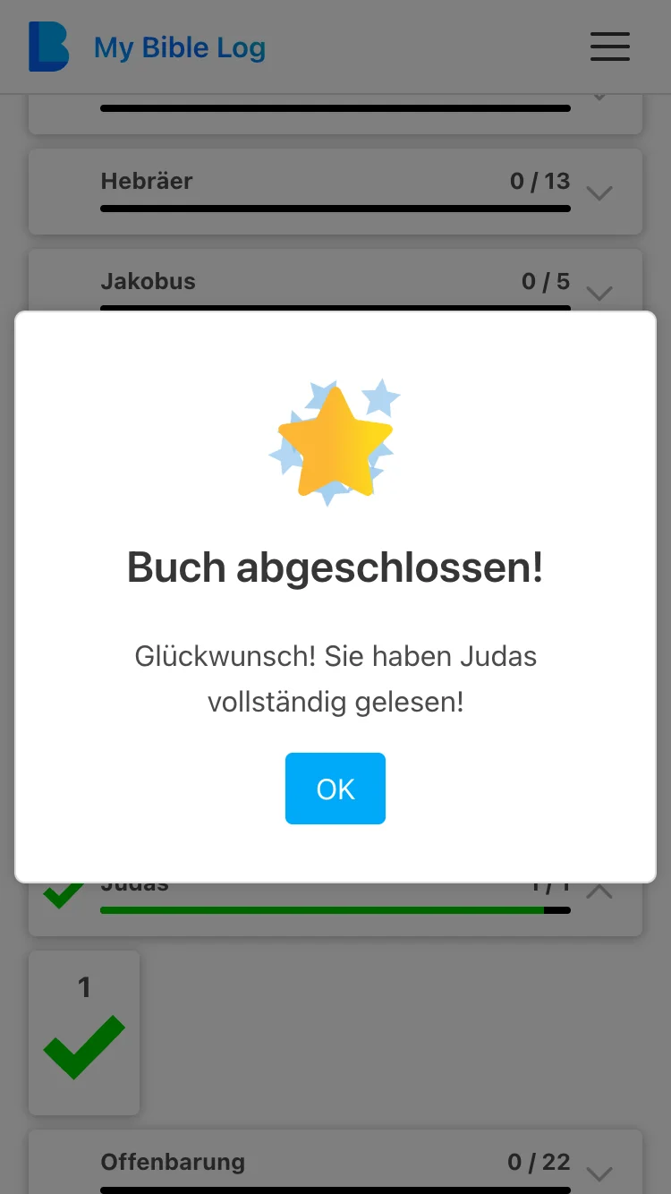 Die My Bible Log App vergibt einen goldenen Stern für das Lesen eines Buches der Bibel