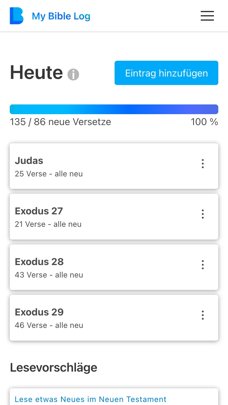 Die My Bible Log App zeigt eine abgeschlossene Fortschrittsleiste für das Erreichen des täglichen Leseziels