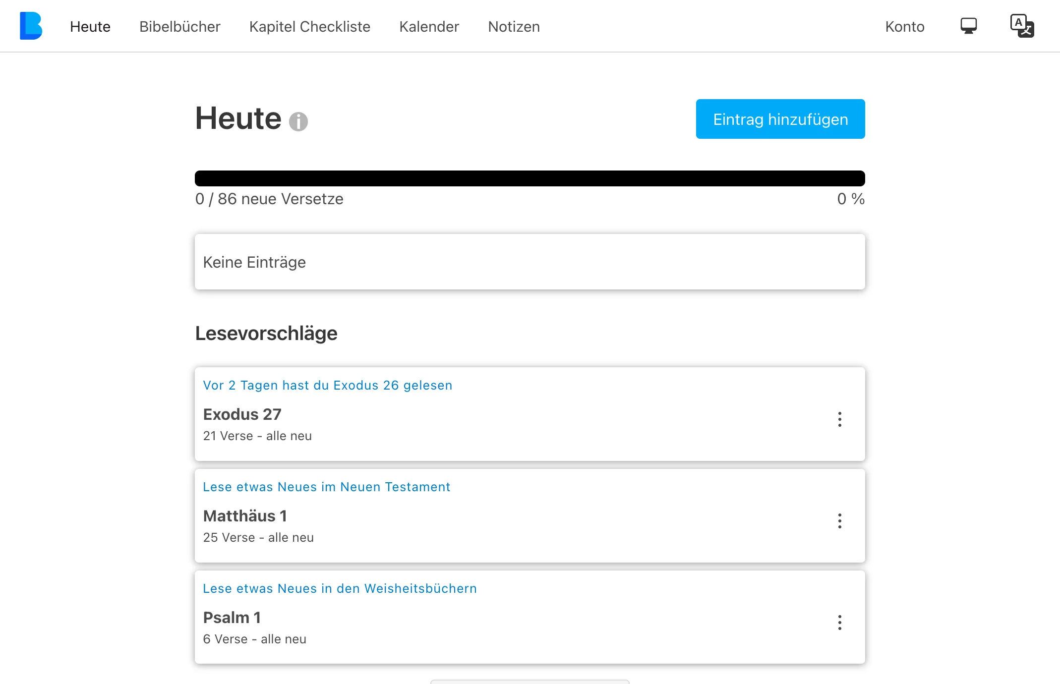 Die My Bible Log App läuft im Desktop-Modus