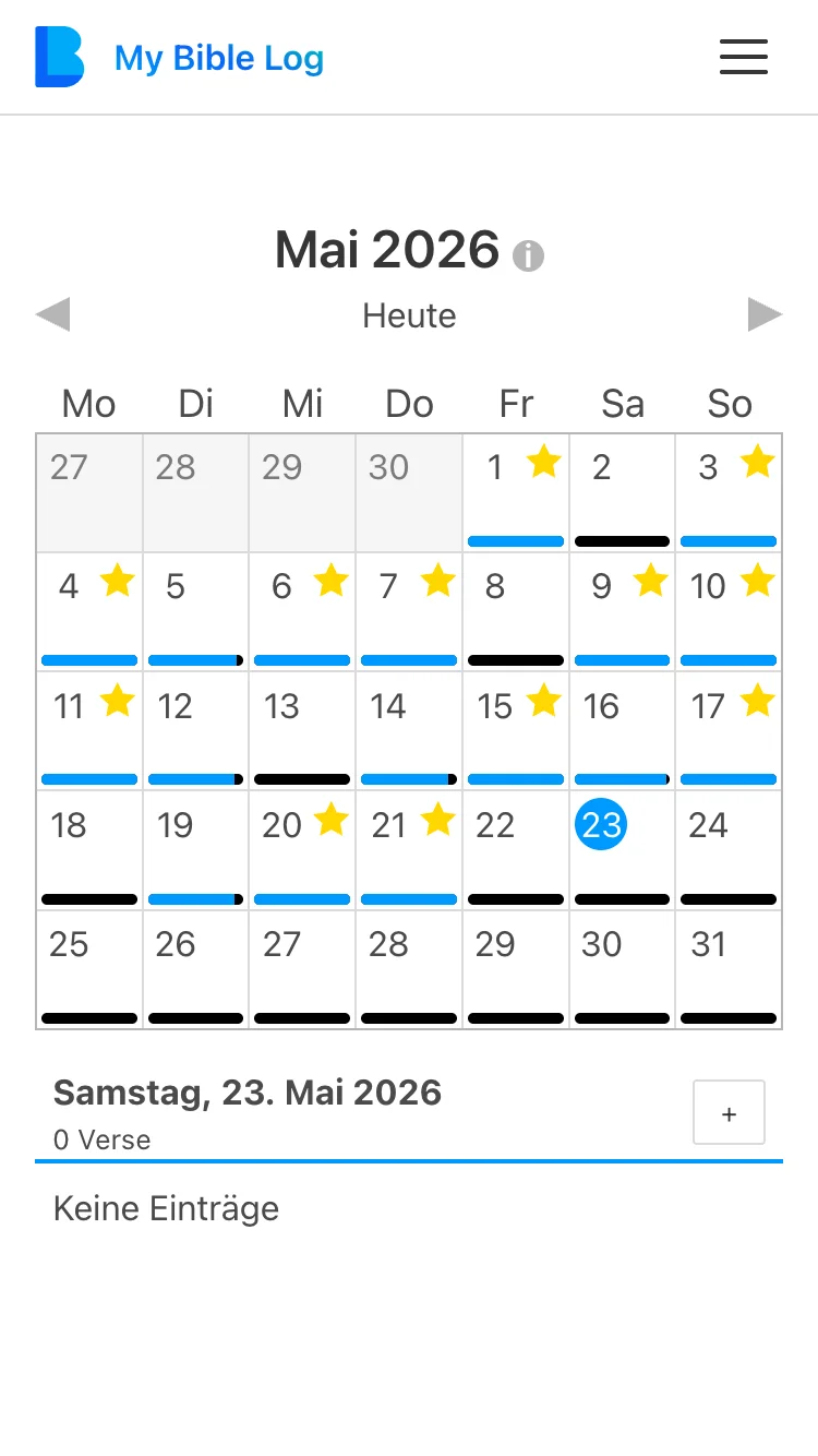 Der My Bible Log Kalender zeigt einen Monat, in dem viele Daten einen Stern für das Erreichen des täglichen Leseziels erhalten haben