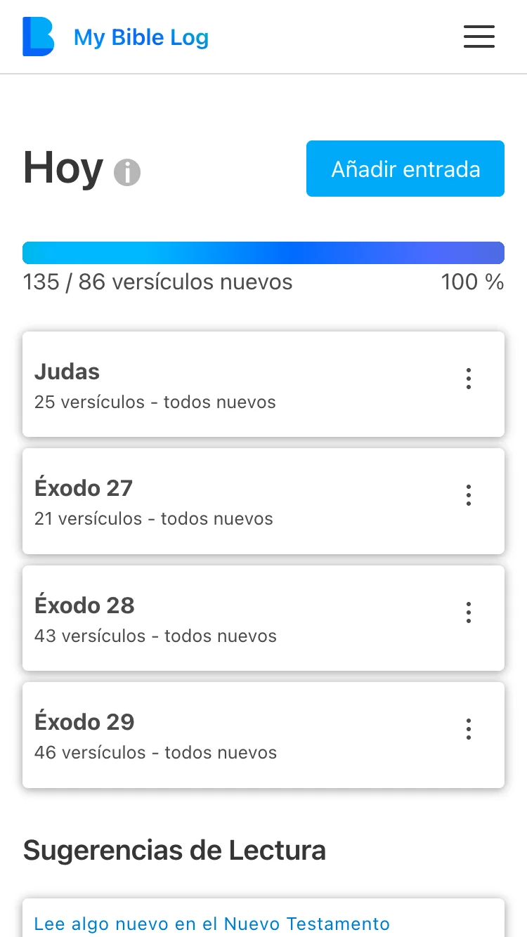 La aplicación My Bible Log mostrando una barra de progreso completada para alcanzar el objetivo de lectura diaria