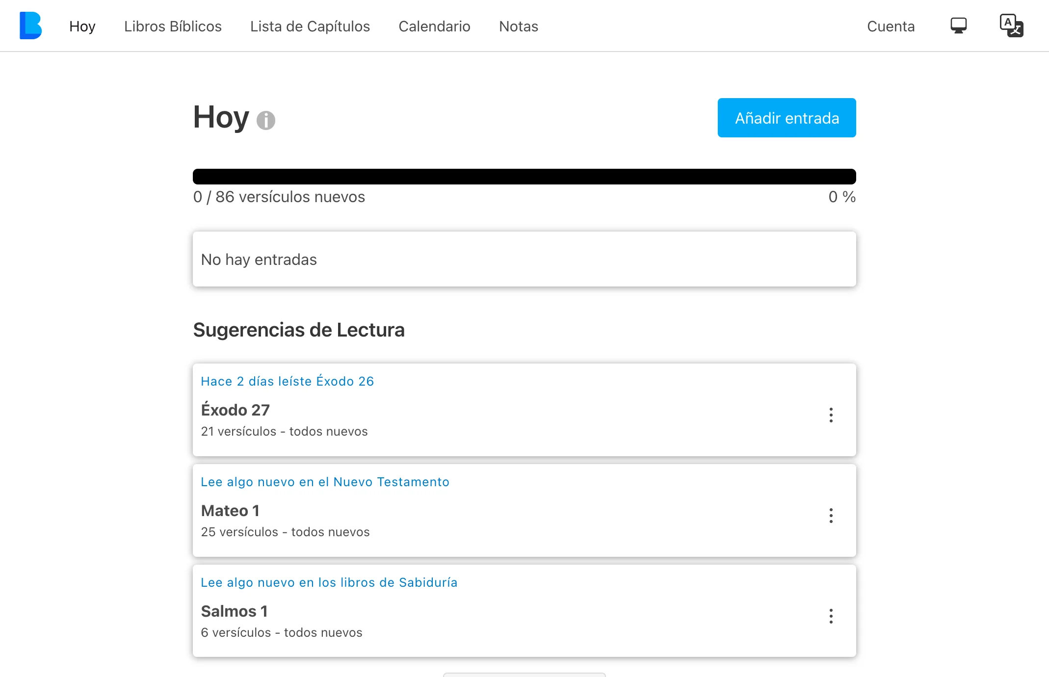 La aplicación My Bible Log ejecutándose en modo escritorio