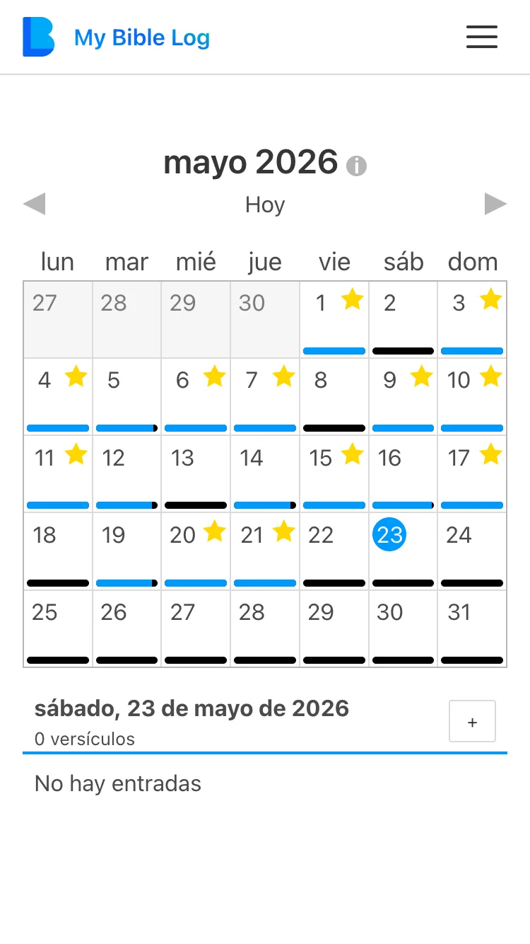 El calendario My Bible Log mostrando un mes donde muchas fechas han ganado una estrella por alcanzar el objetivo de lectura diaria