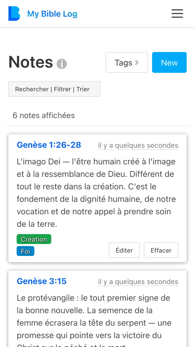 L'écran de notes My Bible Log montrant plusieurs versets à mémoriser