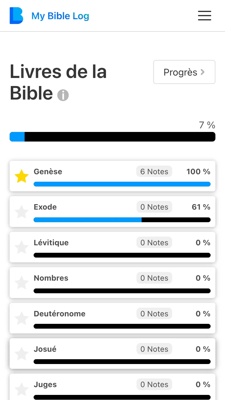 L'application My Bible Log montrant une barre de progression segmentée pour lire toute la Bible