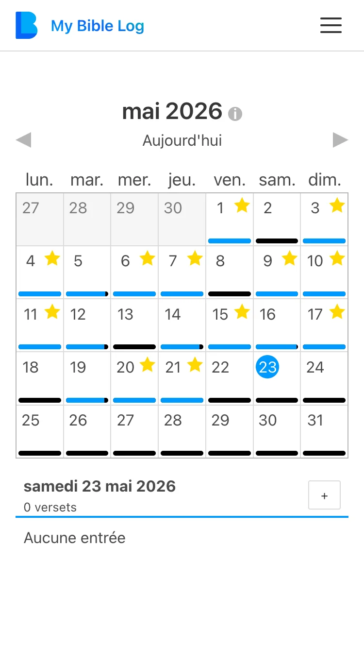 Le calendrier My Bible Log montrant un mois où de nombreuses dates ont gagné une étoile pour avoir atteint l'objectif de lecture quotidienne