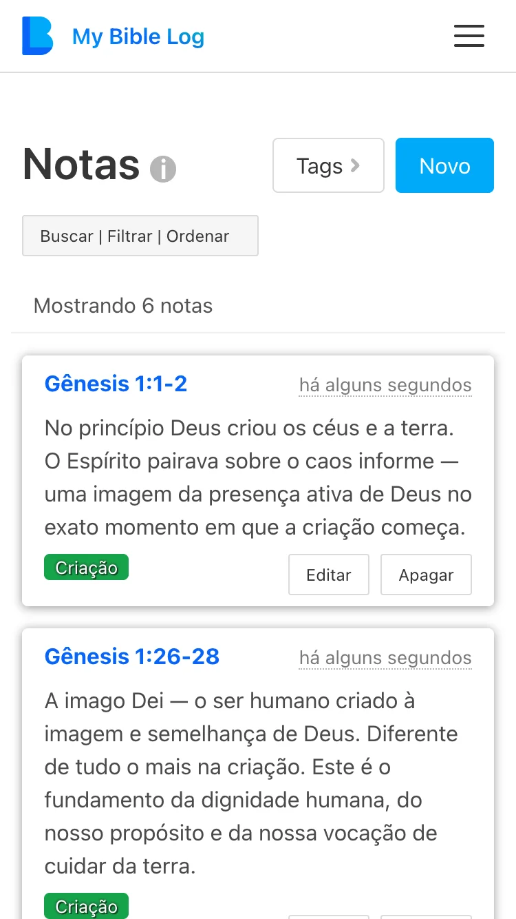 A tela de anotações do My Bible Log mostrando vários versículos para memorizar