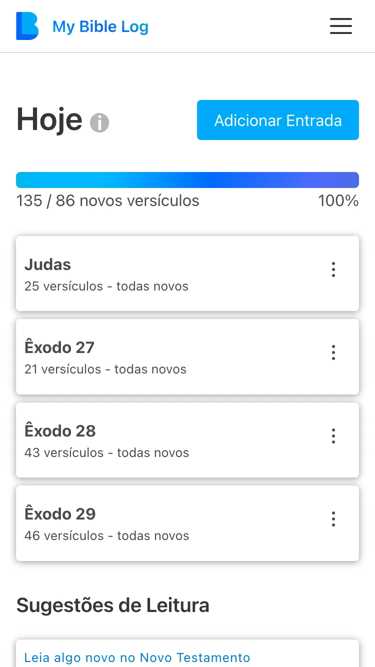O aplicativo My Bible Log mostrando uma barra de progresso concluída para atingir a meta de leitura diária
