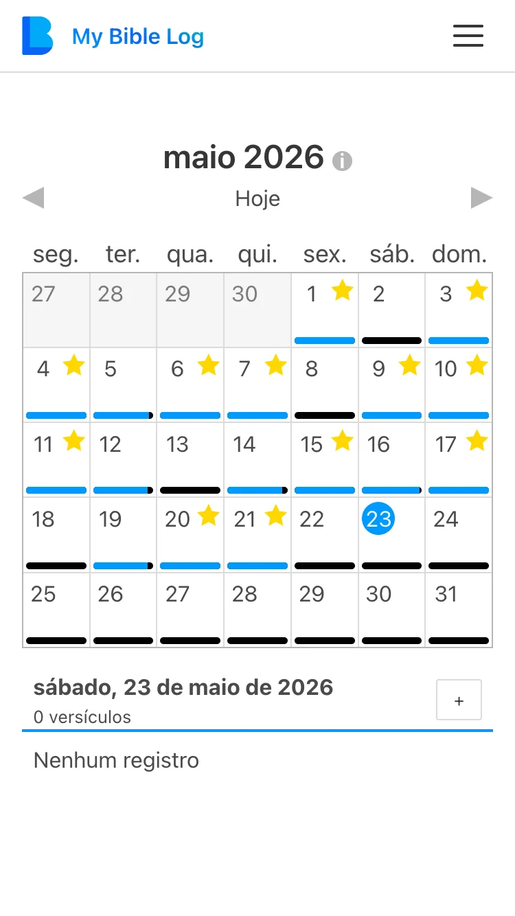 O calendário My Bible Log mostrando um mês onde muitas datas ganharam uma estrela por atingir a meta de leitura diária