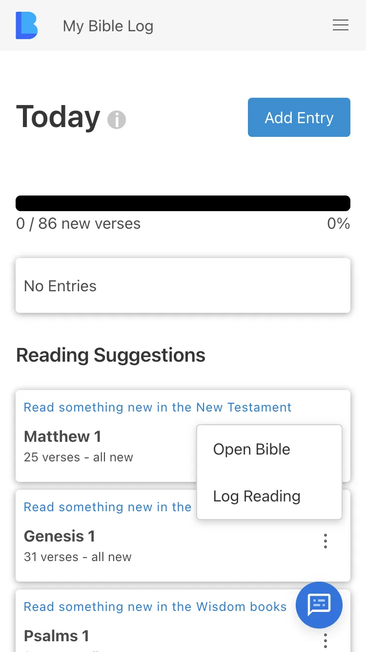 The My Bible Log app Today page showing several reading suggestions