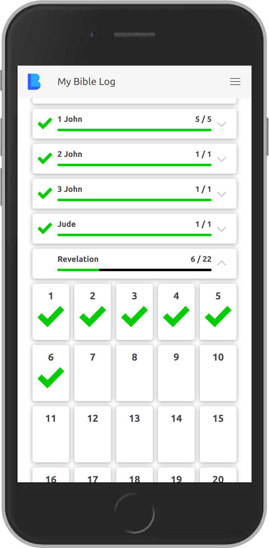 My Bible Log showing chapter reading checklist