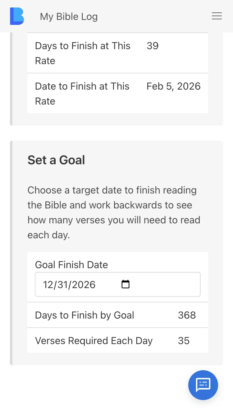 Capture d'écran de la page de progression My Bible Log