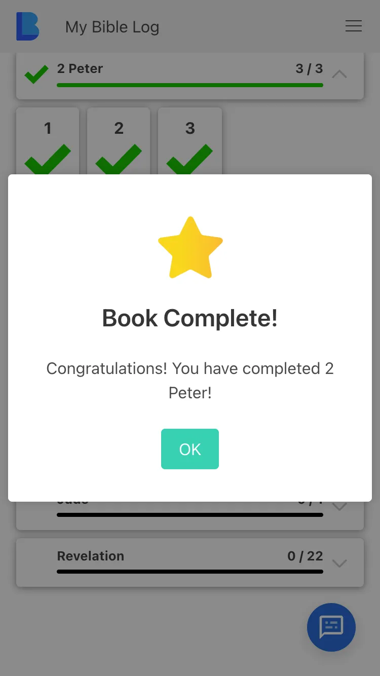 The My Bible Log app awarding a gold star for reading through a book of the Bible